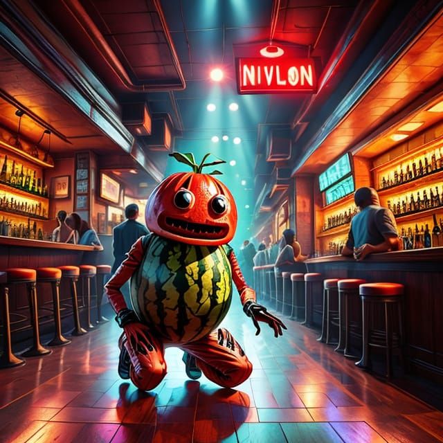 Anthropomorphic Watermelon Crawls Through Crowded Bar