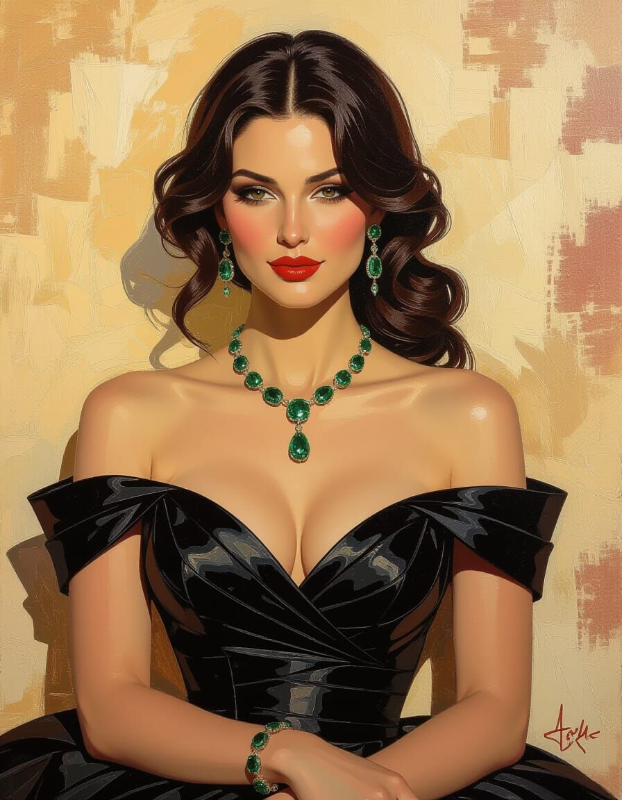 Elegant Brunette in Black Silk and Emeralds, Van Gogh Style