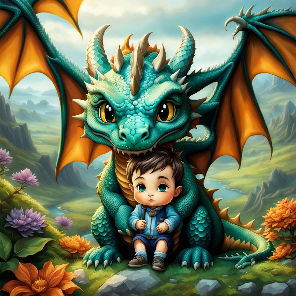 Chibi Dragon Cuddling Toddler in Fantasy Landscape