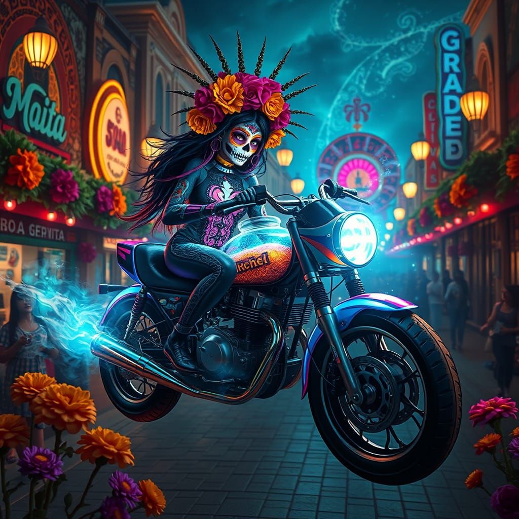 Cosmic Bruja Cooks Potion on Intergalactic Motorcycle
