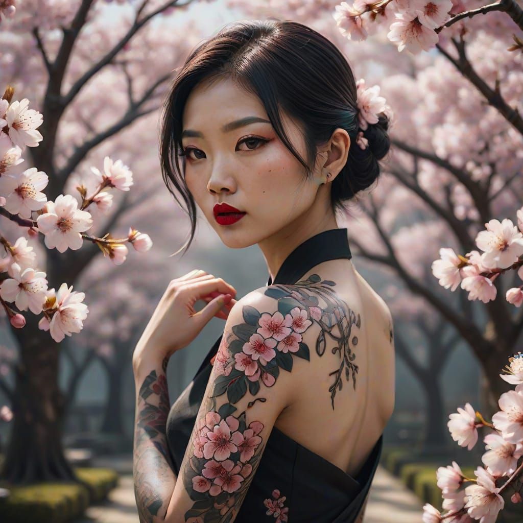 Asian Woman In Cherry Blossom Garden Neo-Traditional Tattoo ...