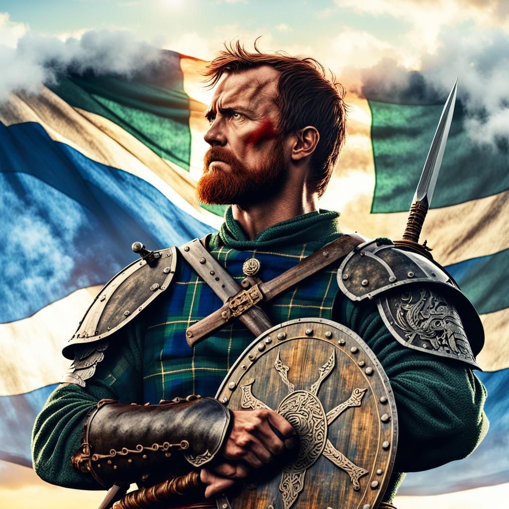 Proud Scottish Warrior in Highlands Sunset