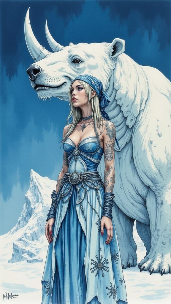 Woman in Snowy Attire Before Polar Bear Rhino Statue