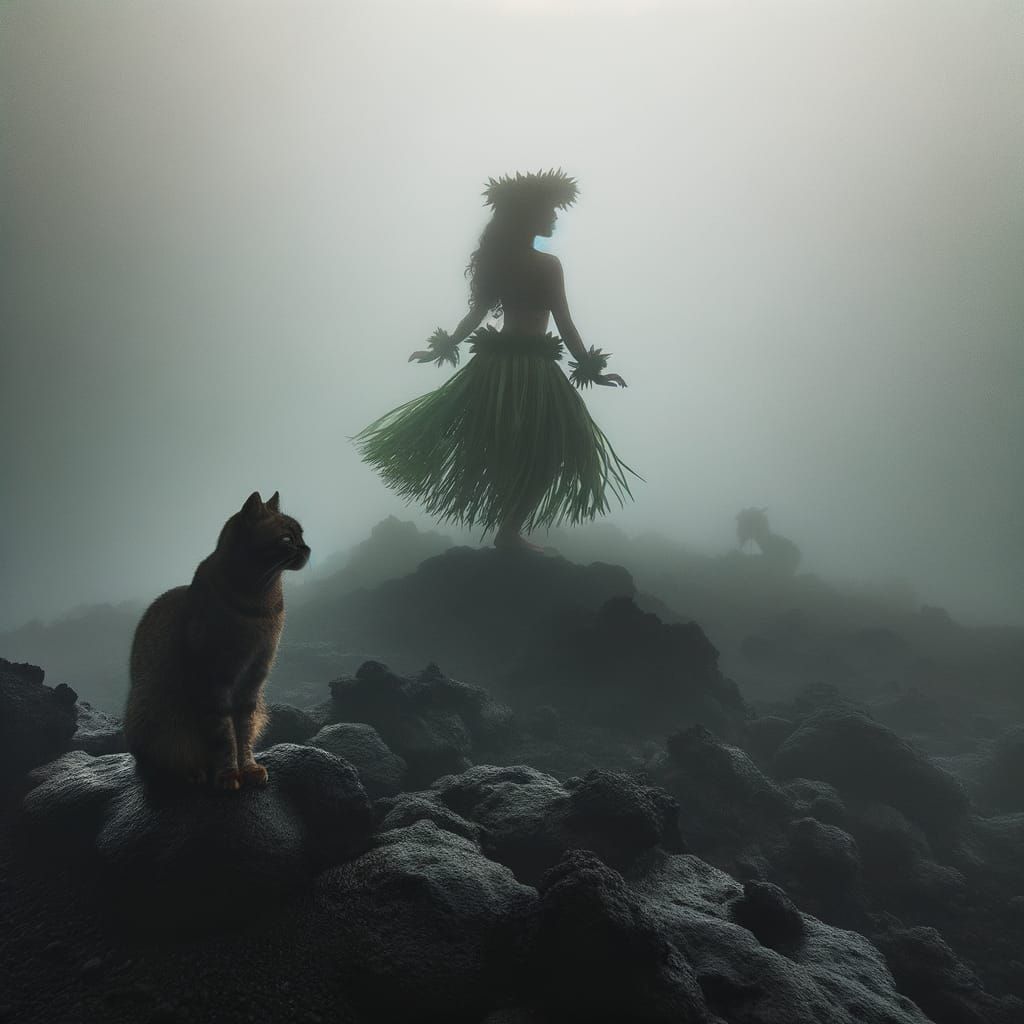 Ethereal Hula Dancer in Volcanic Fog, Hawaii