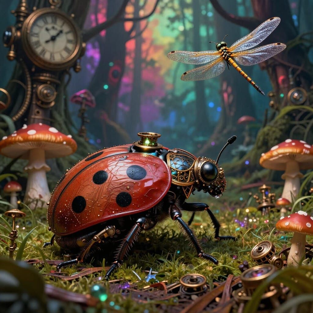 Steampunk Mecha Insects in a Clockwork Forest