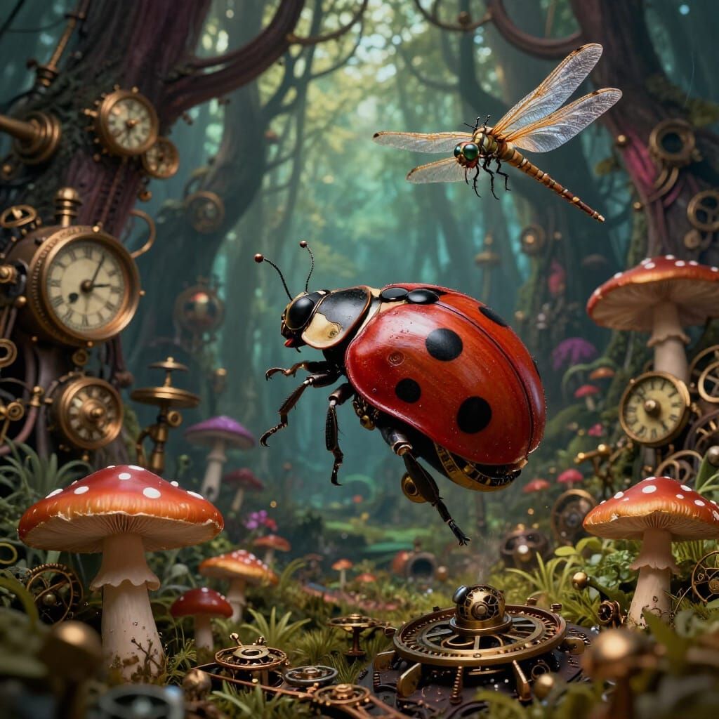 Steampunk Ladybug & Dragonfly in Clockwork Forest