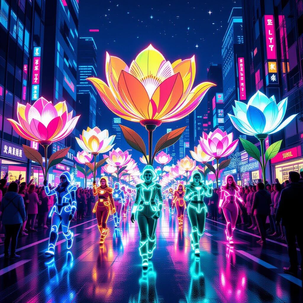Vibrant Futuristic Parade for Luminous Bloom Day
