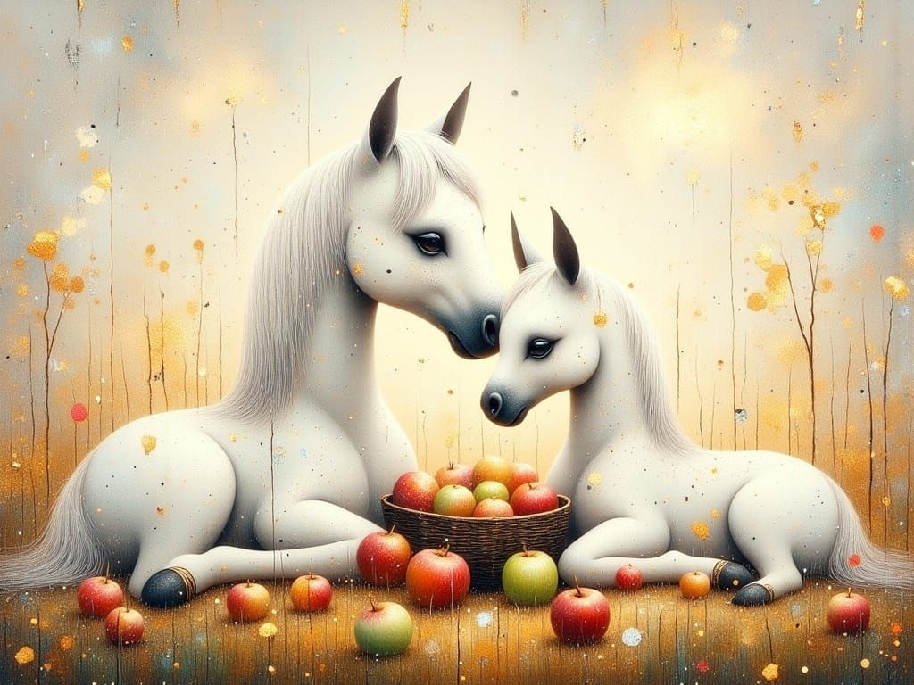 Whimsical Mare and Foal Share Apples, Dreamy Watercolor