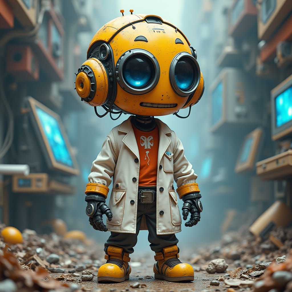 Cyborg Child Scientist in Post-Apocalyptic Cityscape