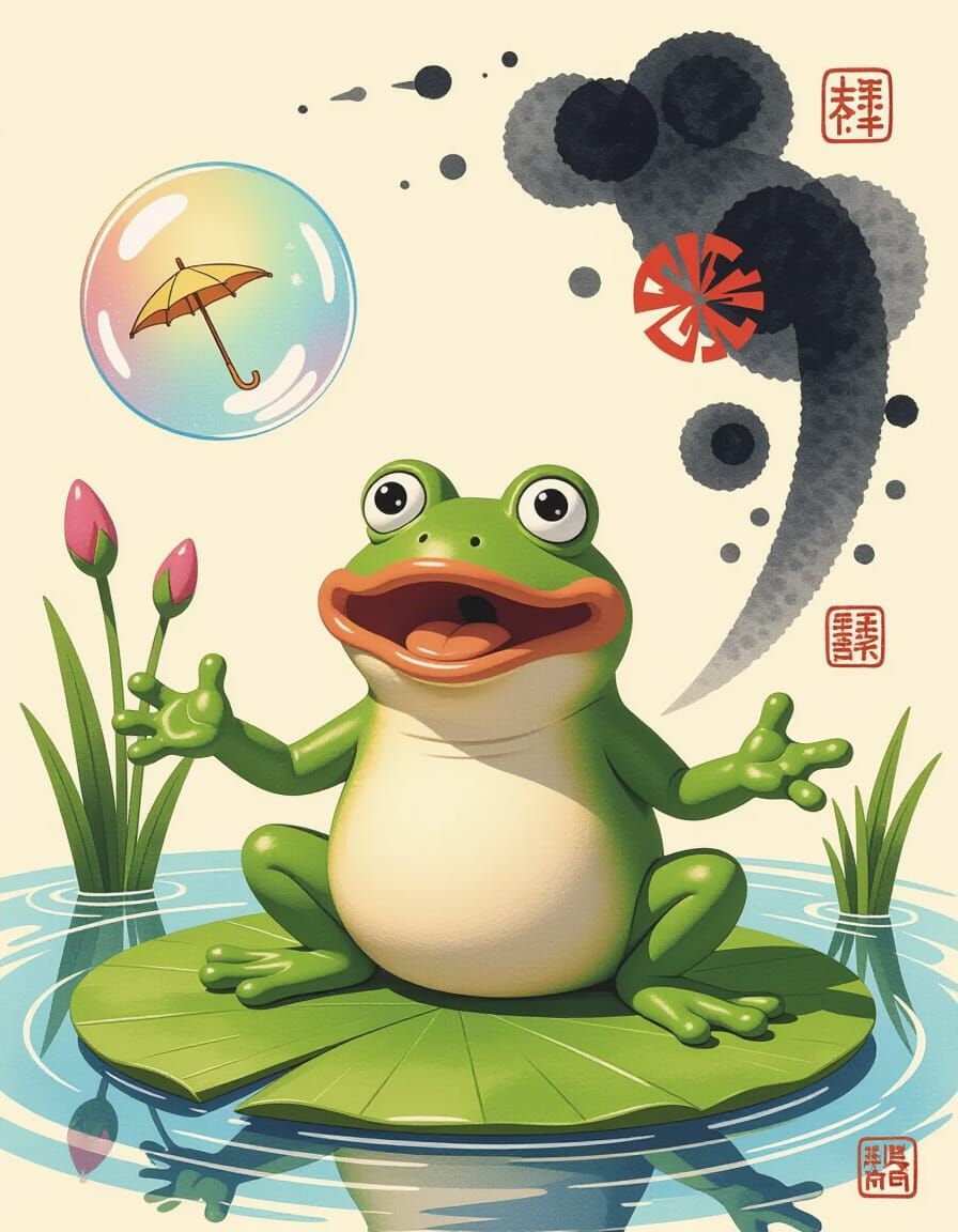 Surprised Frog and Bubble in Hybrid Aesthetic