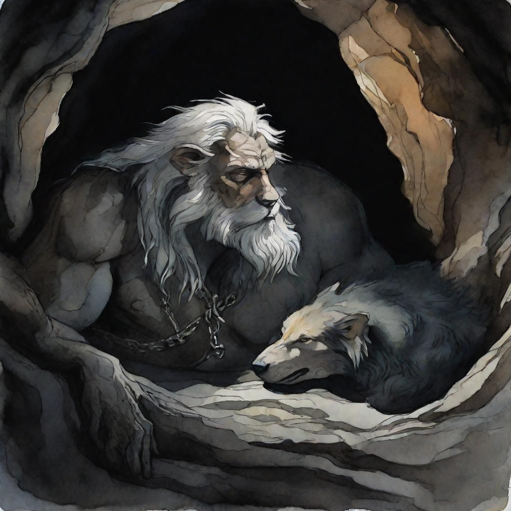 Fenris Sleeping in Ominous Cave: Chiaroscuro Watercolour
