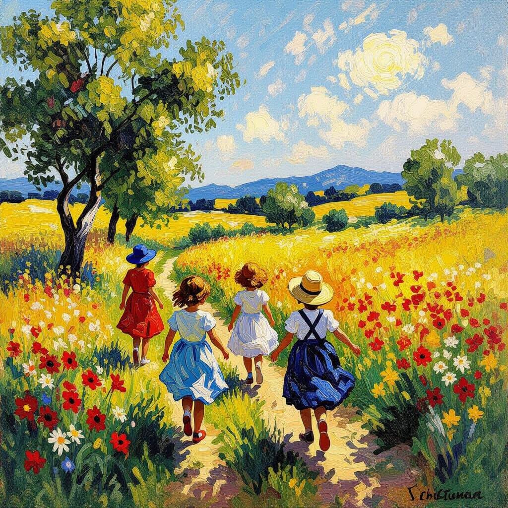 Children Playing in Sunny Field, Van Gogh Style
