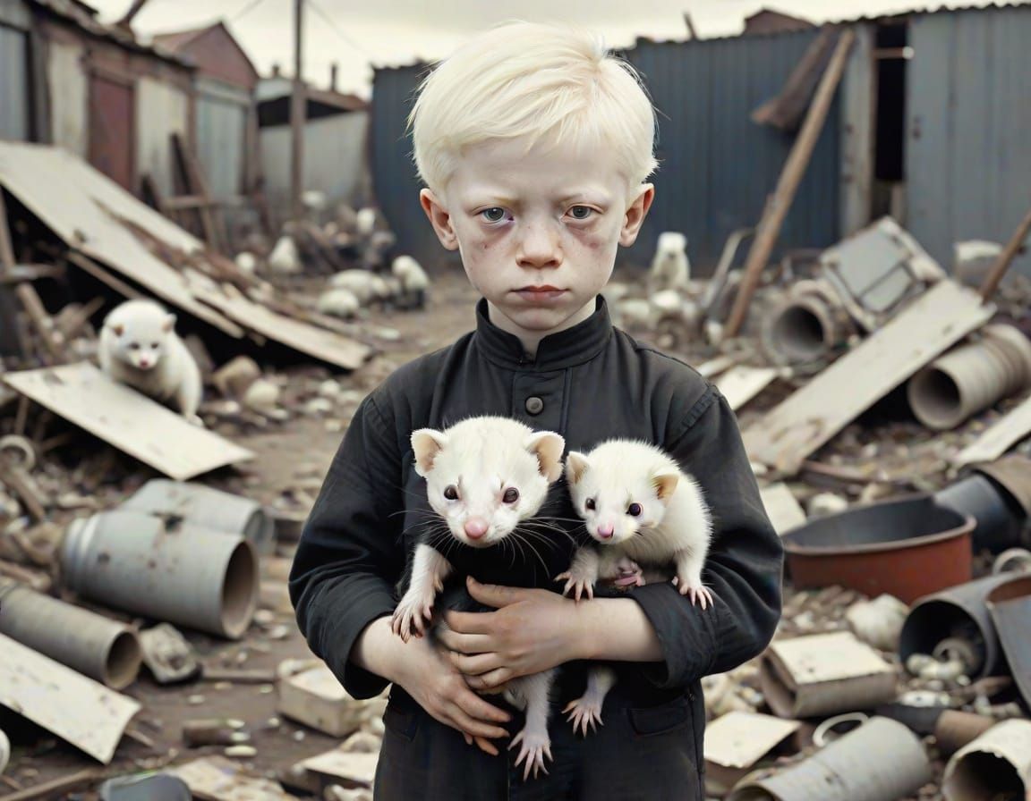 Surrealist Boy in Scrapyard, Holding Albino Ferret in Vintag...