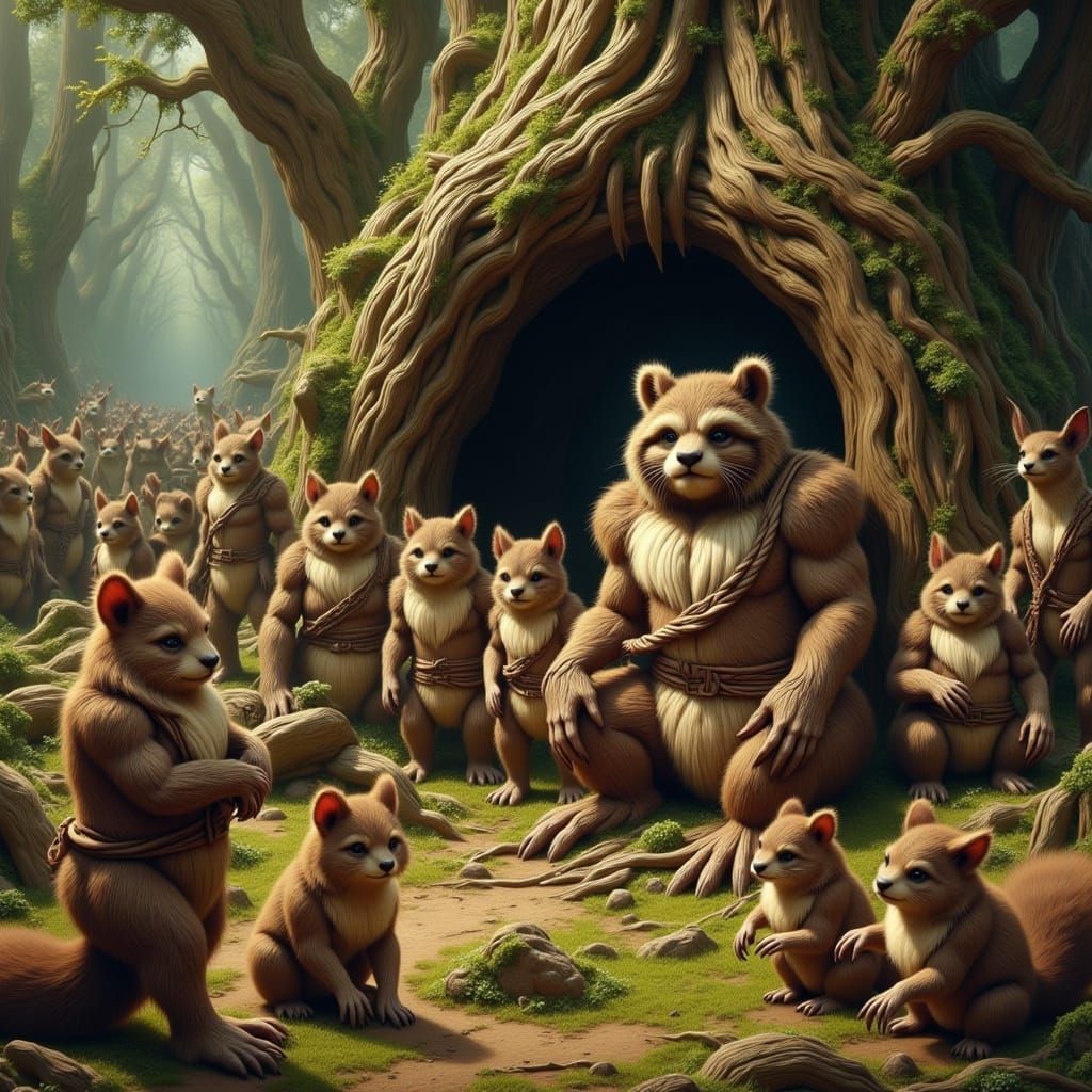 Whimsical Ewok Gathering in a Fantastical Forest