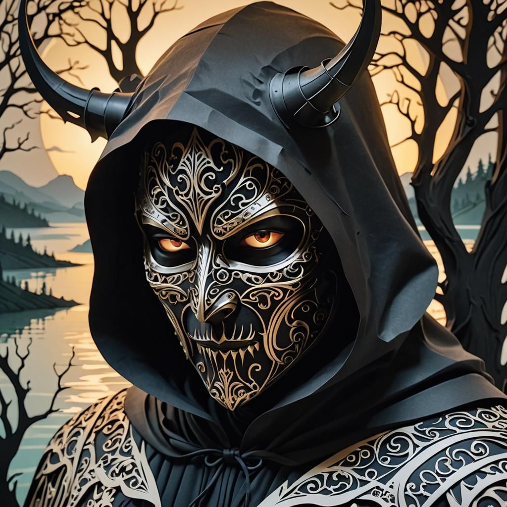Demon Knight in Hooded Mask as Papercut Art