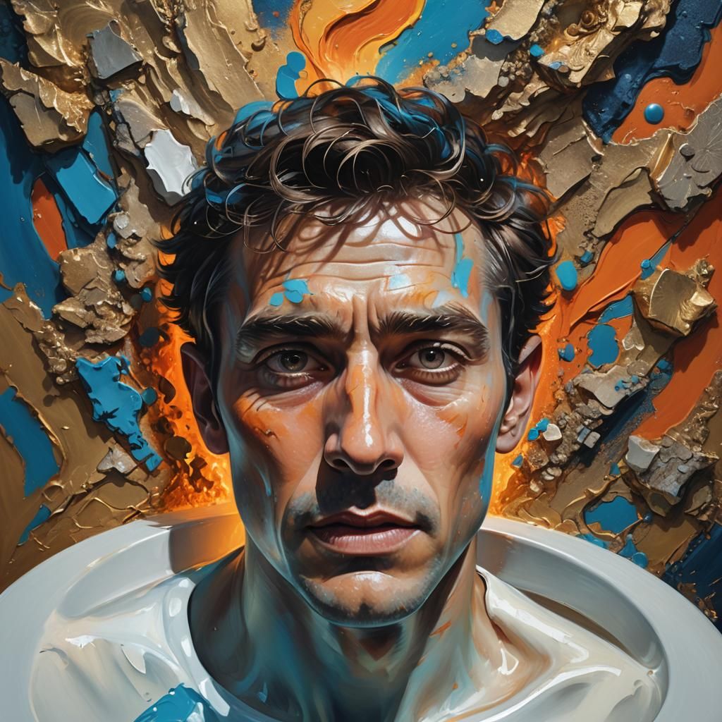 Man's Head Emerges from Toilet: Fantasy Oil Painting