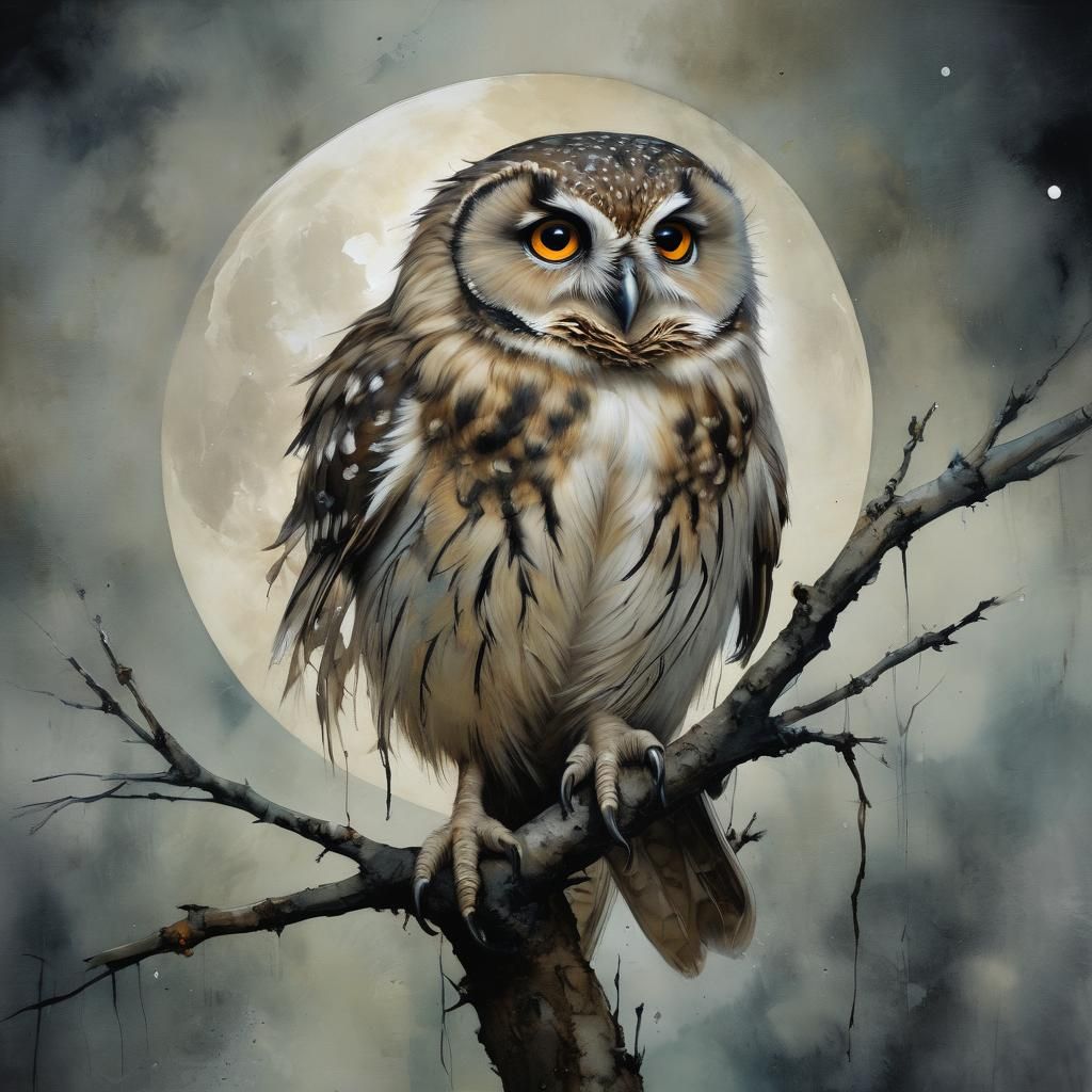 Owl on Branch by Moon, Surrealist Painting