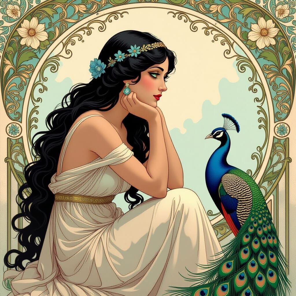 Art Nouveau Aphrodite with Peacock in Painterly Style