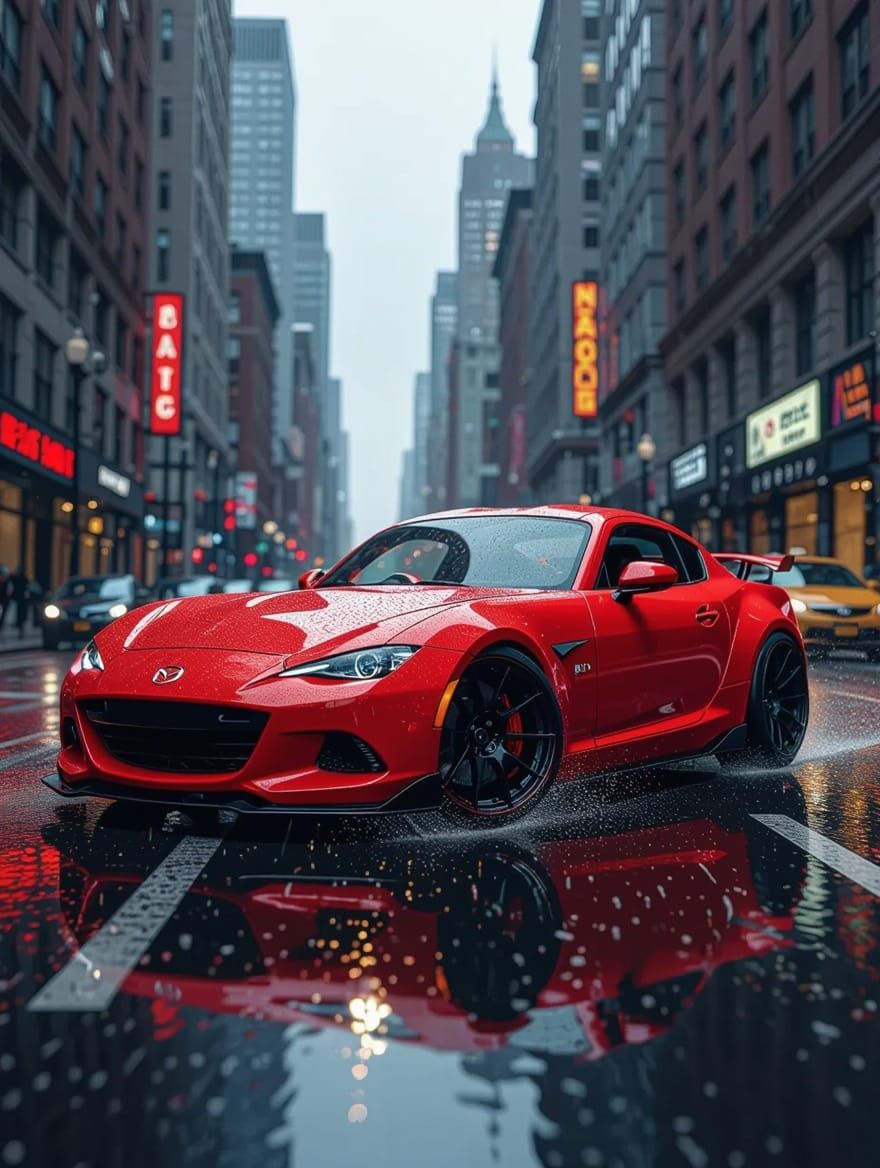 Red Mazda RX8 Speeds Down Rainy Detroit Street in Comic Book...