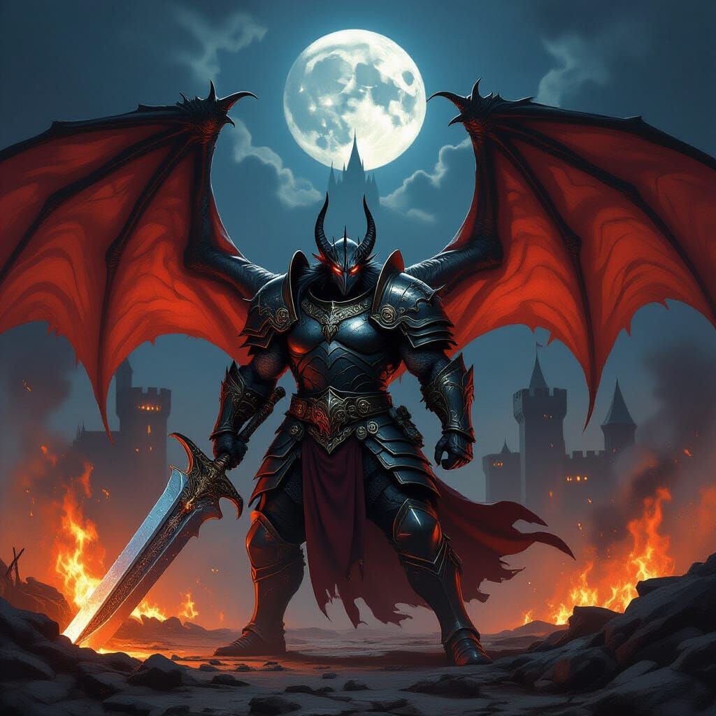 Half-Dragon Warrior Battles Demons in Moonlit Castle Siege