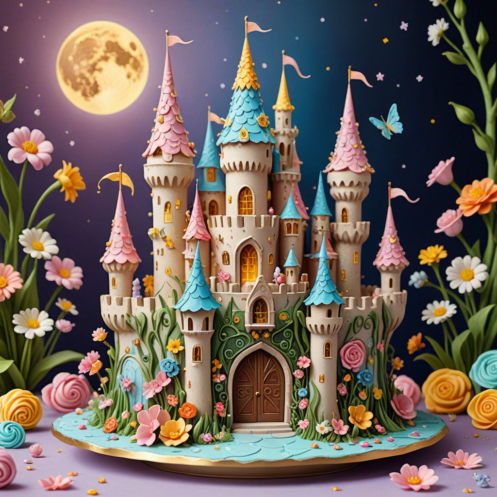 Whimsical Fantasy Birthday Cake in a Vibrant Garden
