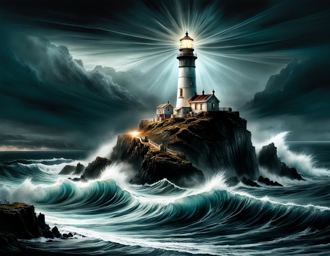 Lighthouse Shines Through Fog: Airbrush Art Illustration