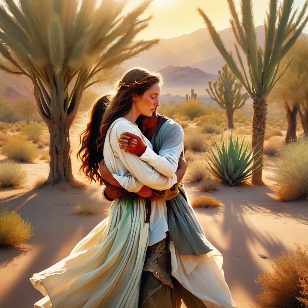 Serene Desert Scene with Hebrew Decor and Soft Focus