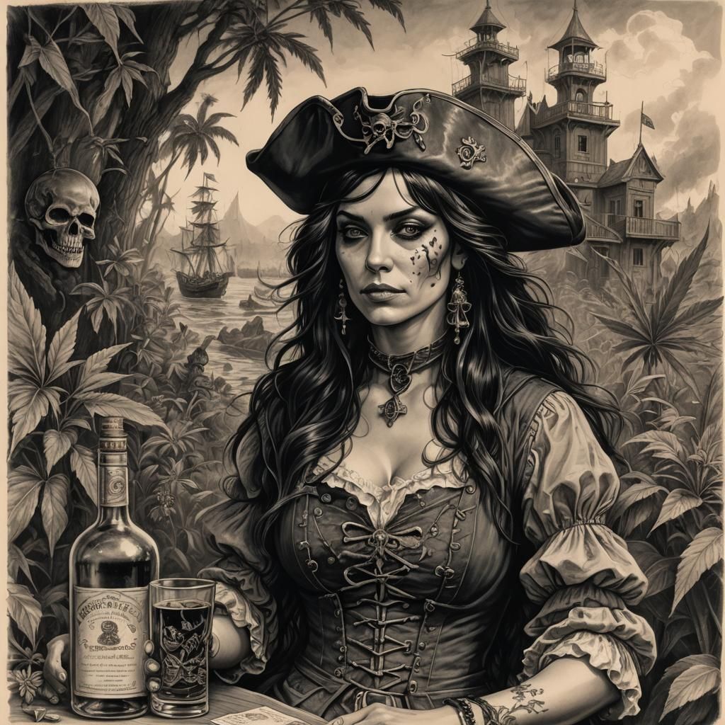 Lady Pirate Portrait in Horror Charcoal Style