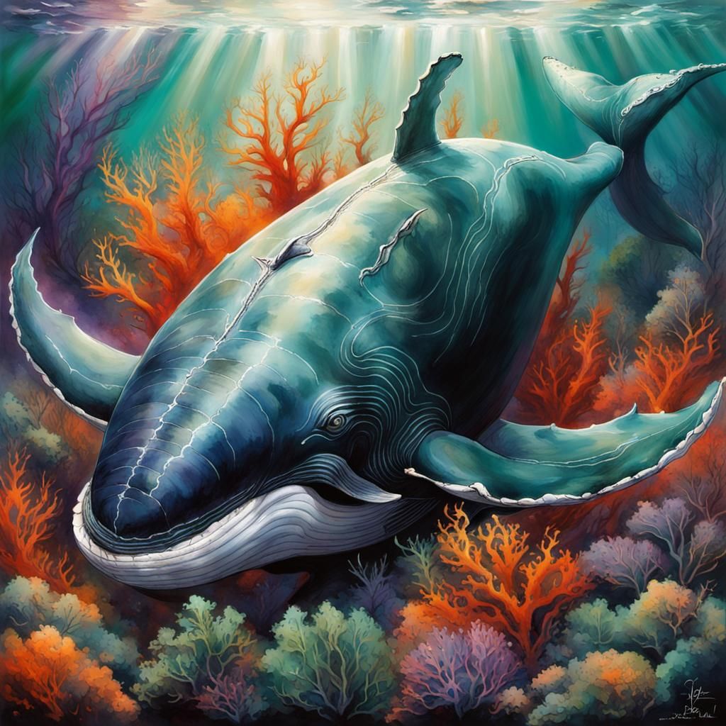 Whale in Coral, Sumi-e Style Illustration