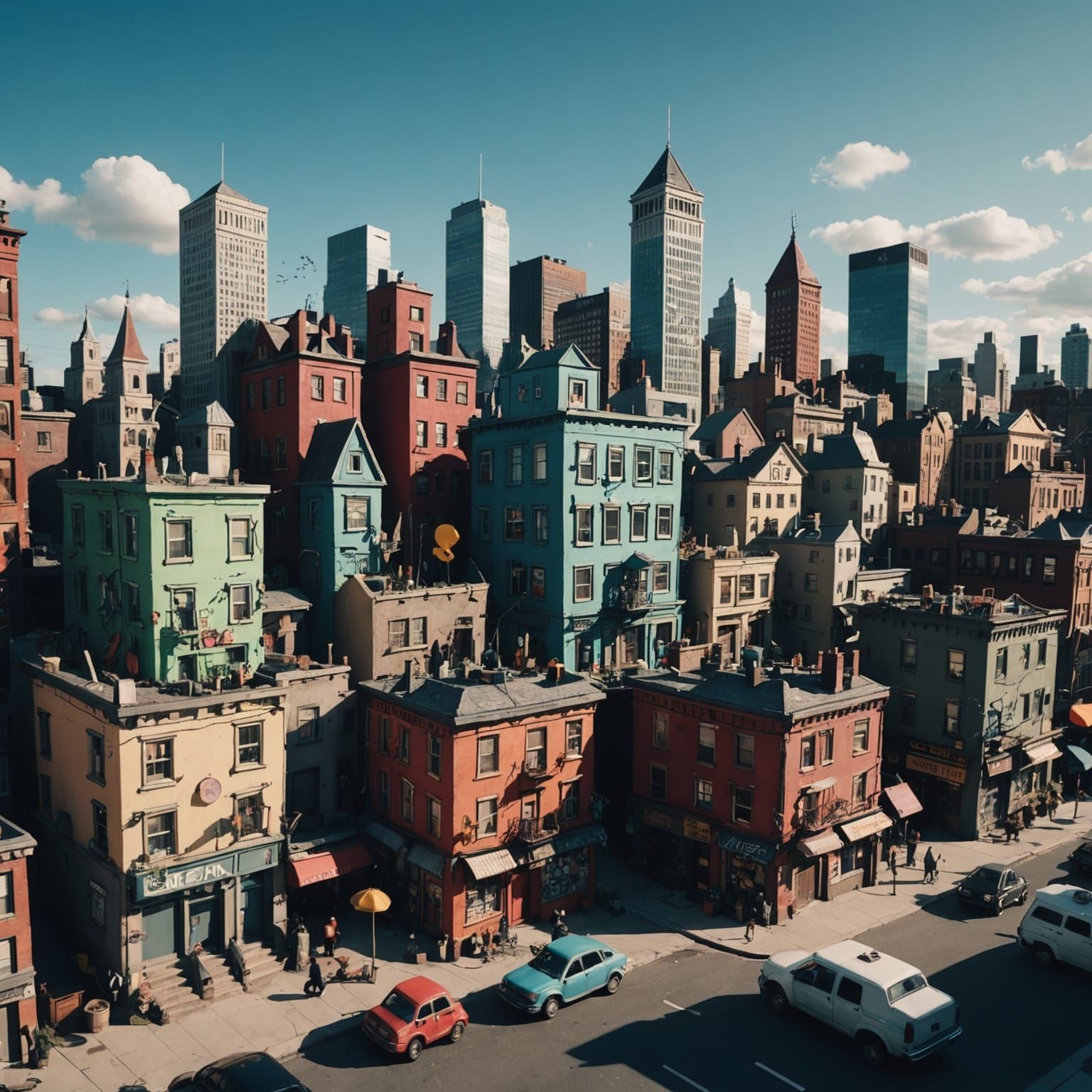 Doodle-Filled City with Wacky Buildings in Cinematic Style