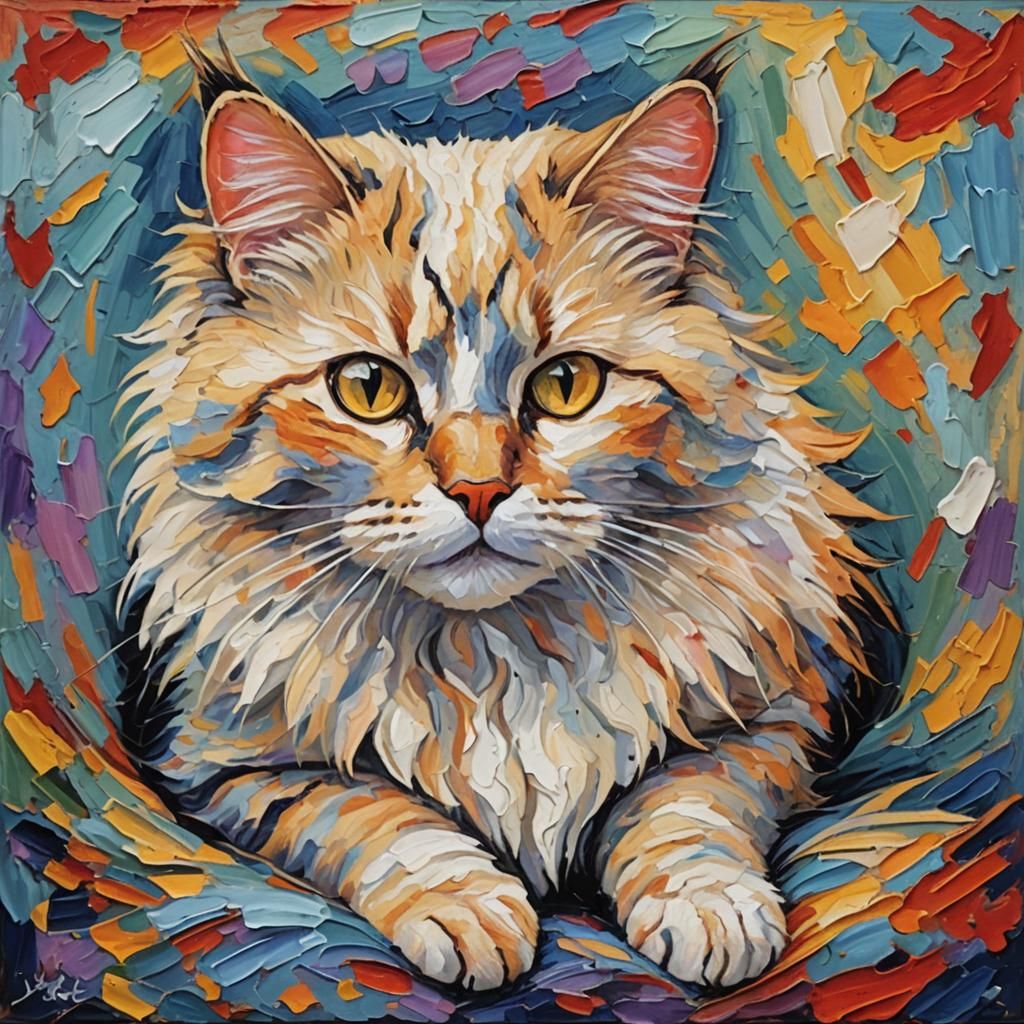 Fluffy Cat Loaf in Expressionist Oil Painting