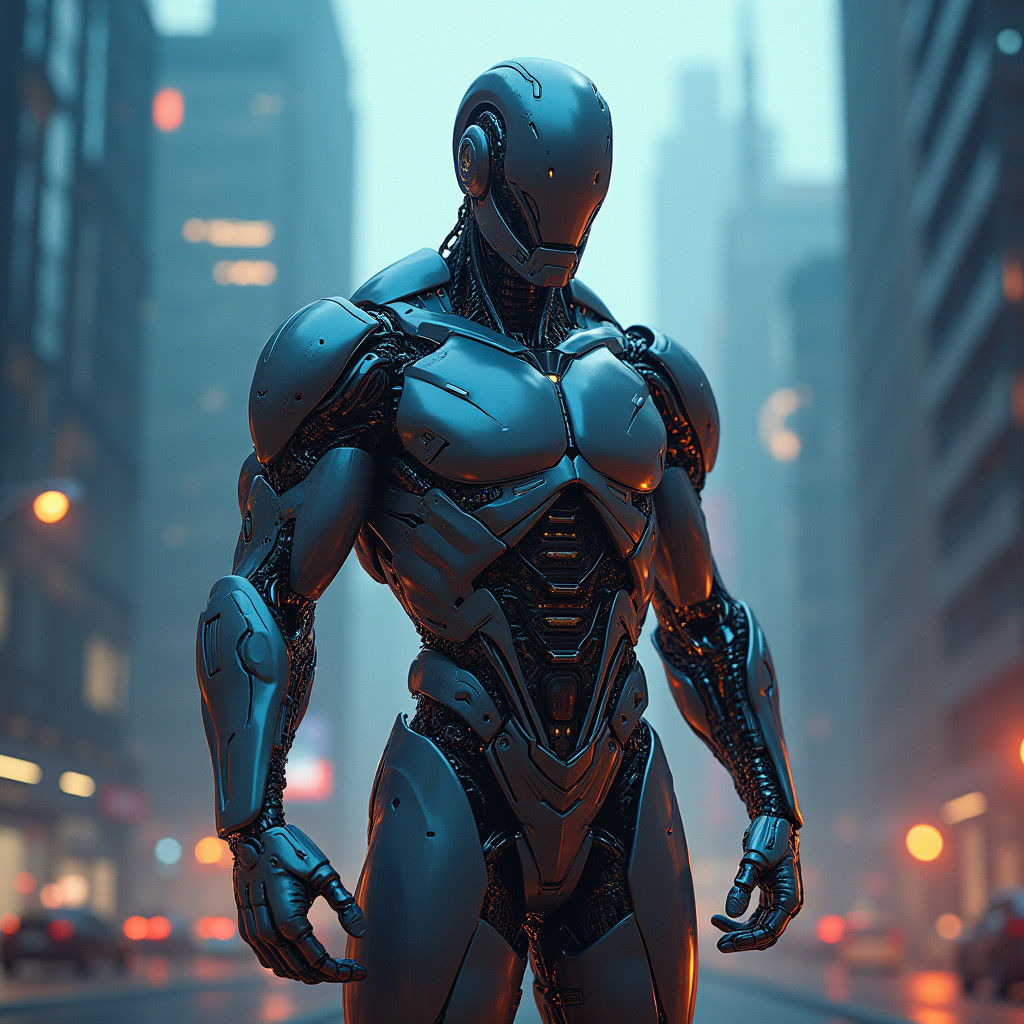 Heroic Muscular Cyborg in Dystopian Cityscape