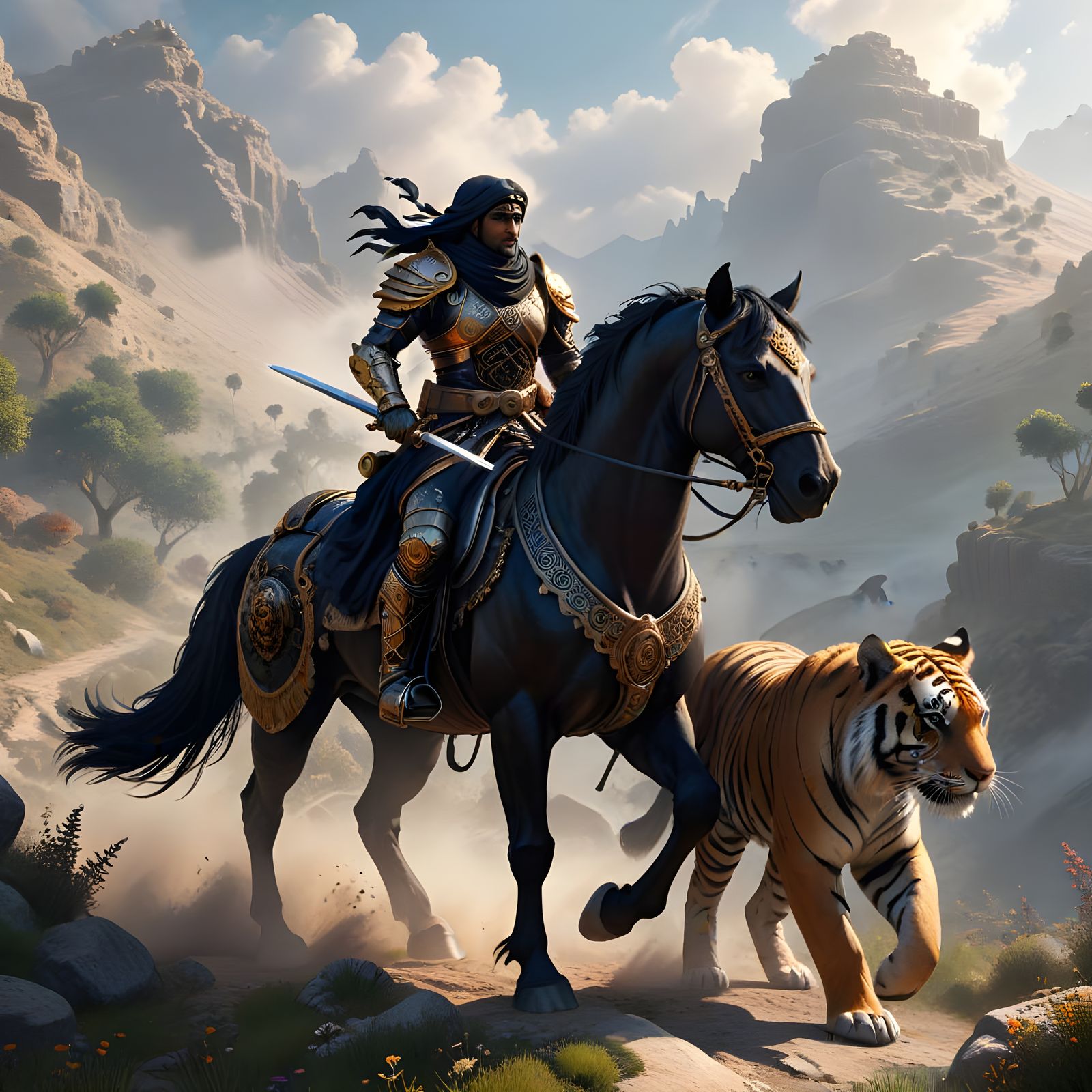 Ethereal Steampunk Warrior Rides with Majestic Tiger in the ...