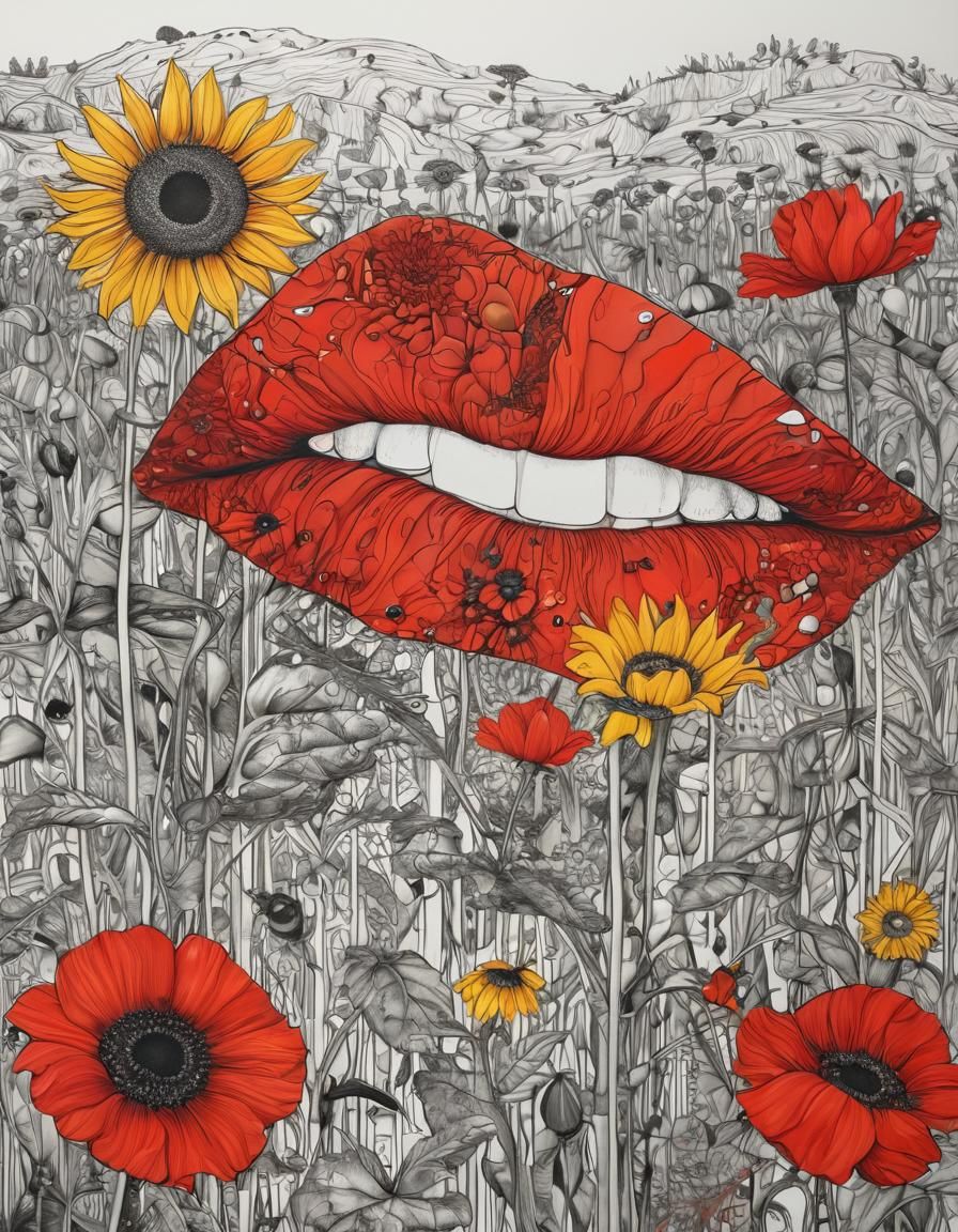 Meadow of poppies as lips and sunflowers as eyes, style by K...