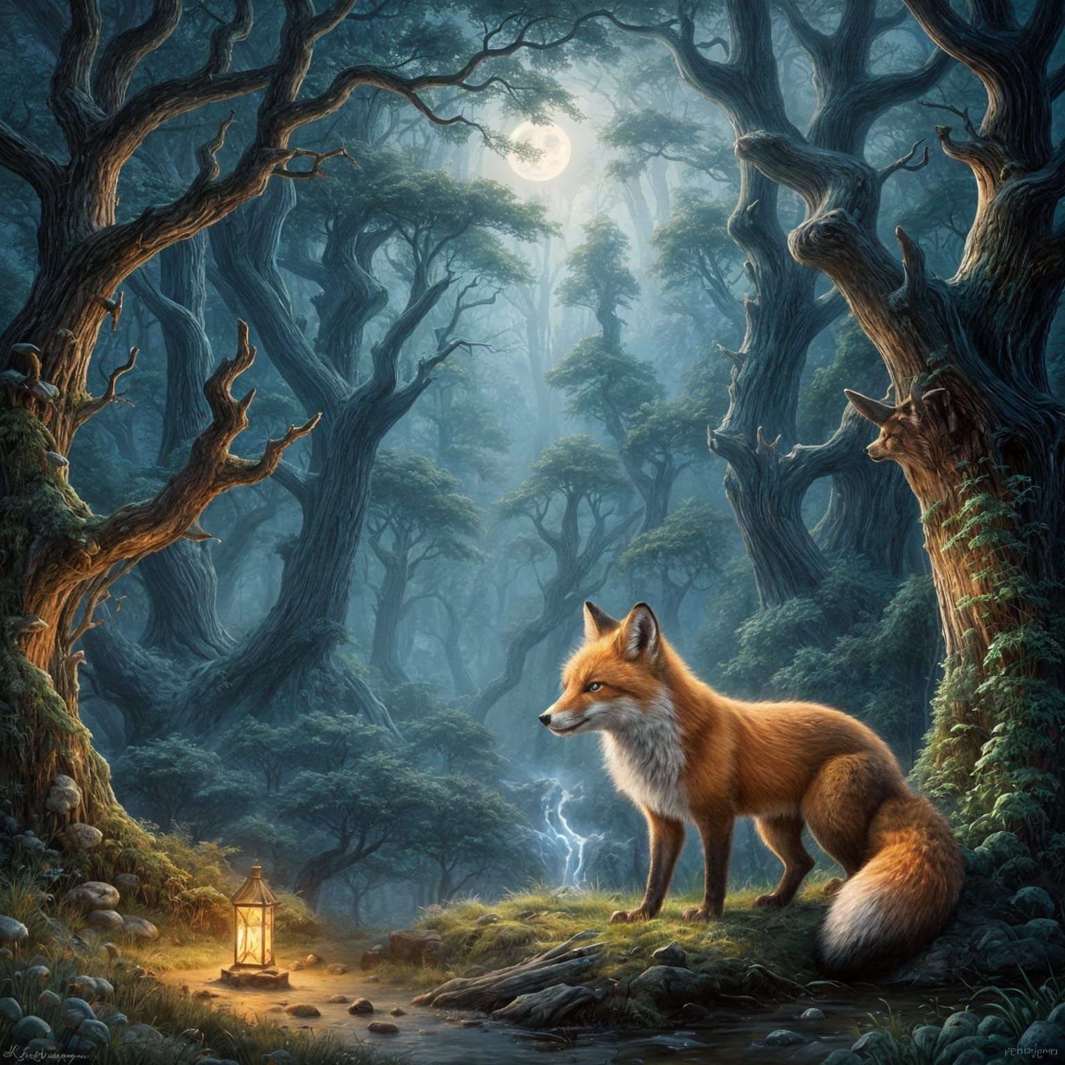 Ethereal Fox Illuminated by Moonlight in Ancient Forest