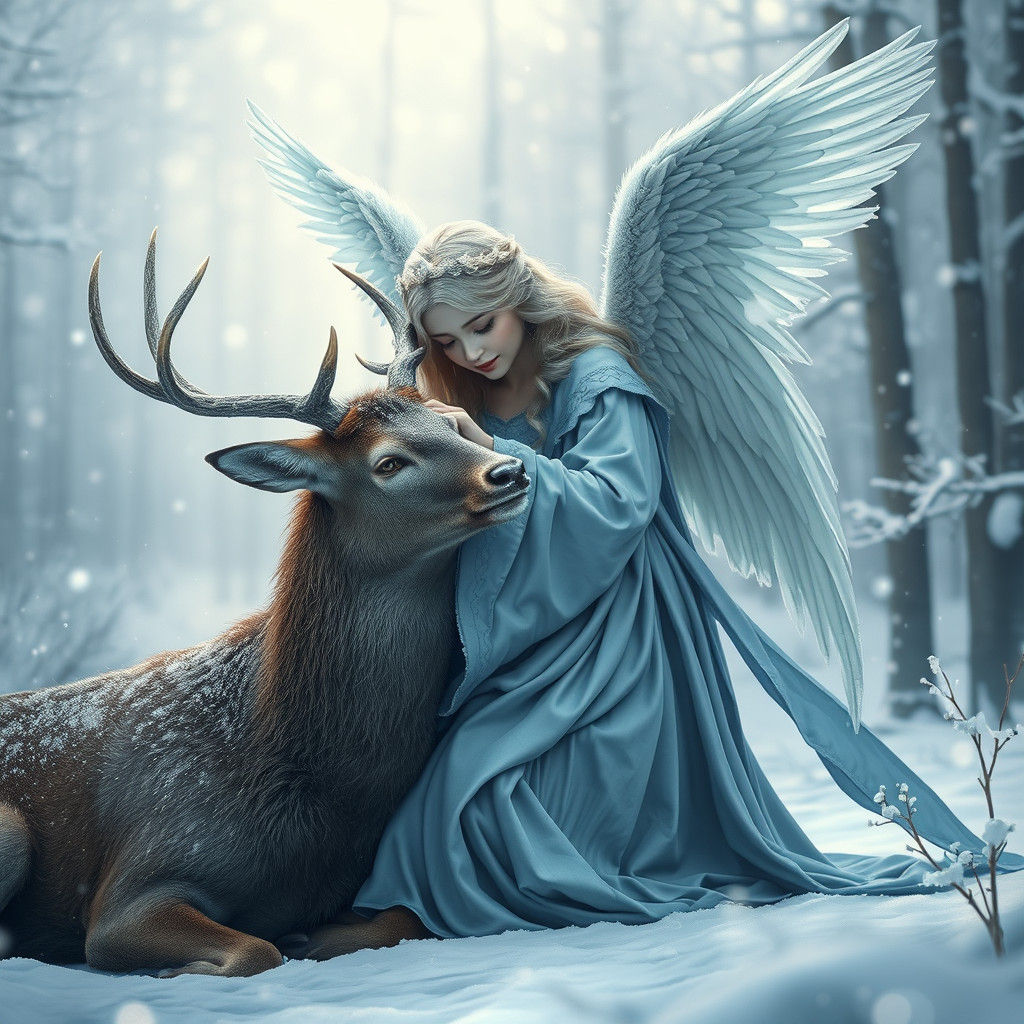 Angel and Deer Embrace in Winter Wonderland
