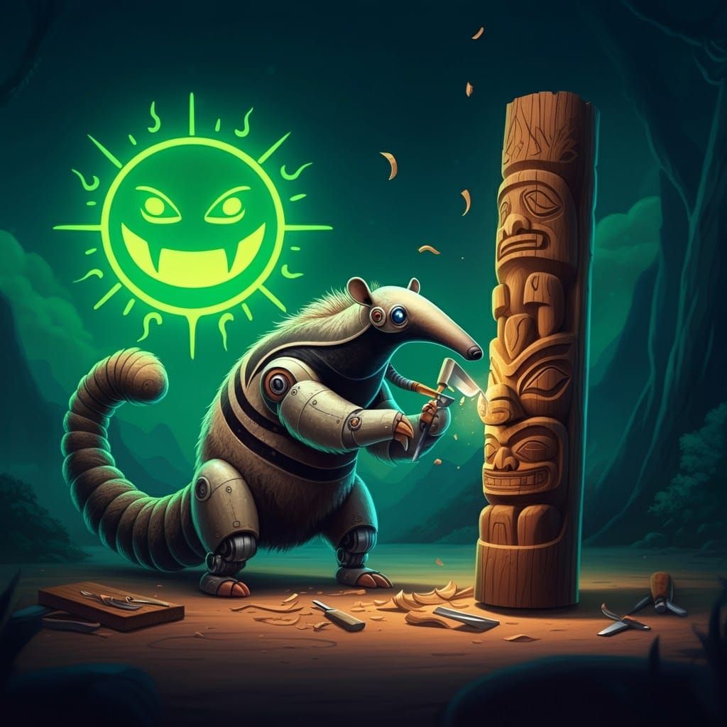 Robotic Anteater Carving Totem Pole in Rubber Hose Style