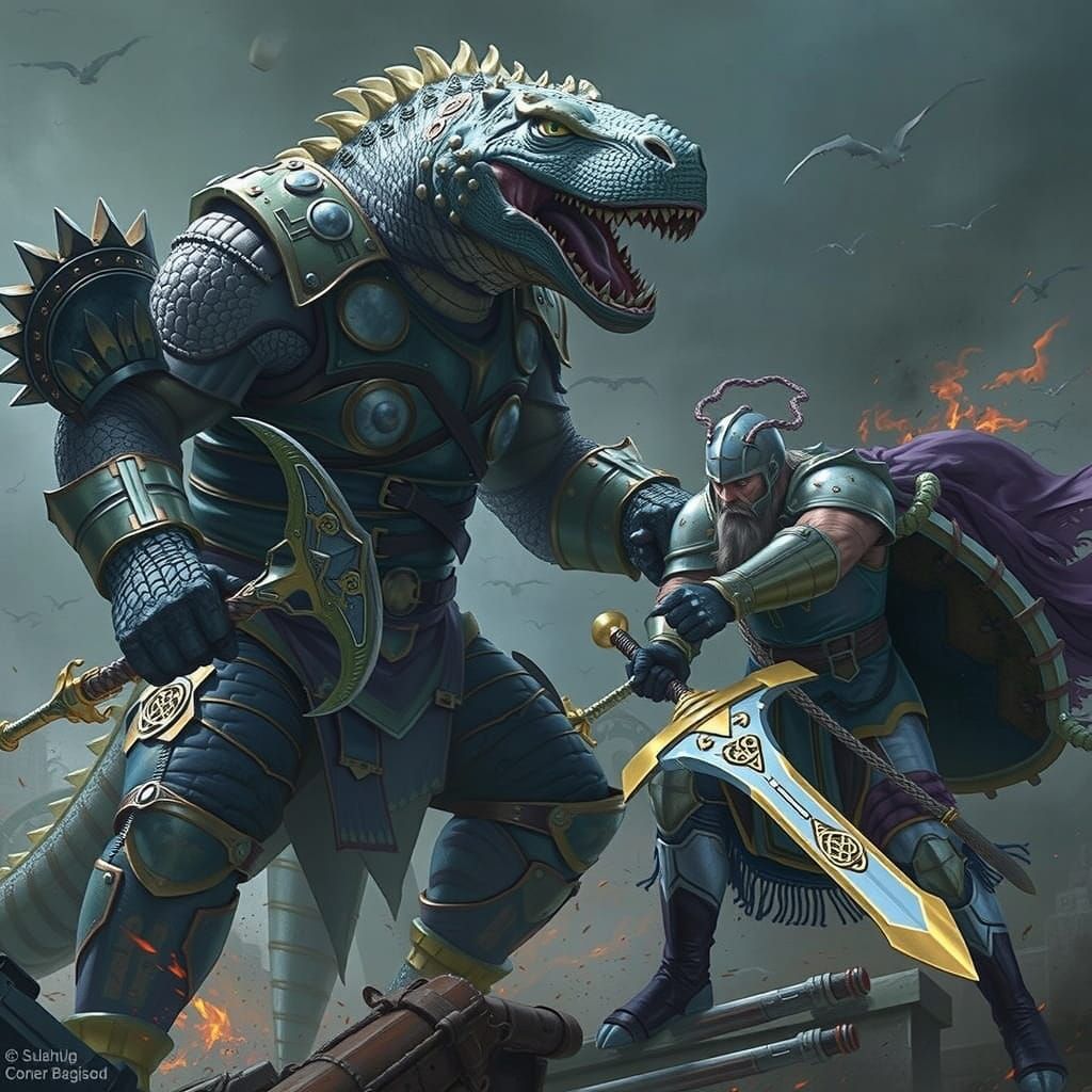 Medieval Fantasy Warrior in Battle with Reptilian Lord