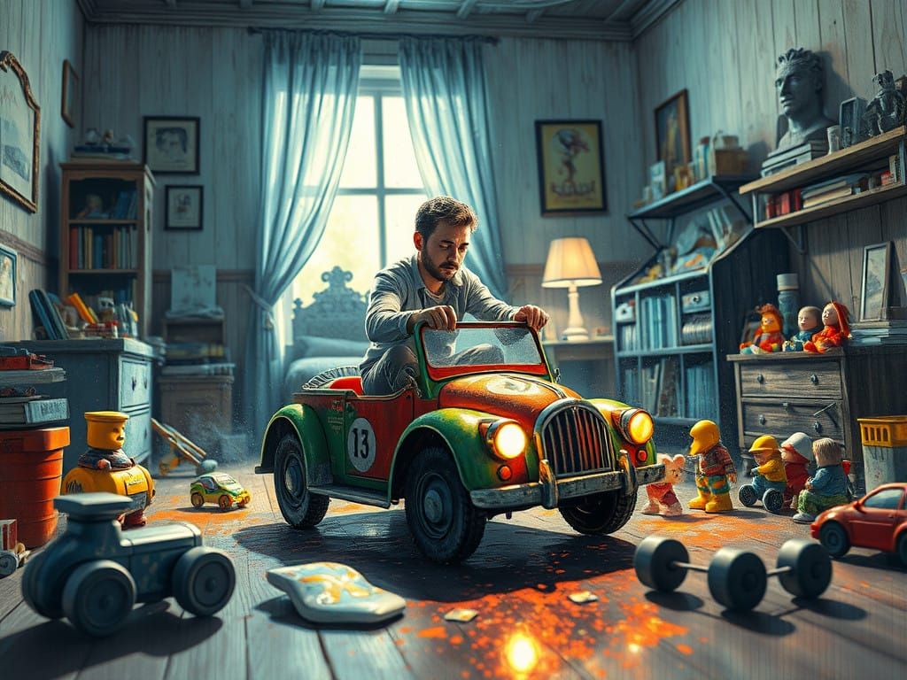 Miniature Man Rides Toy Car Through a Whimsical Dreamworld