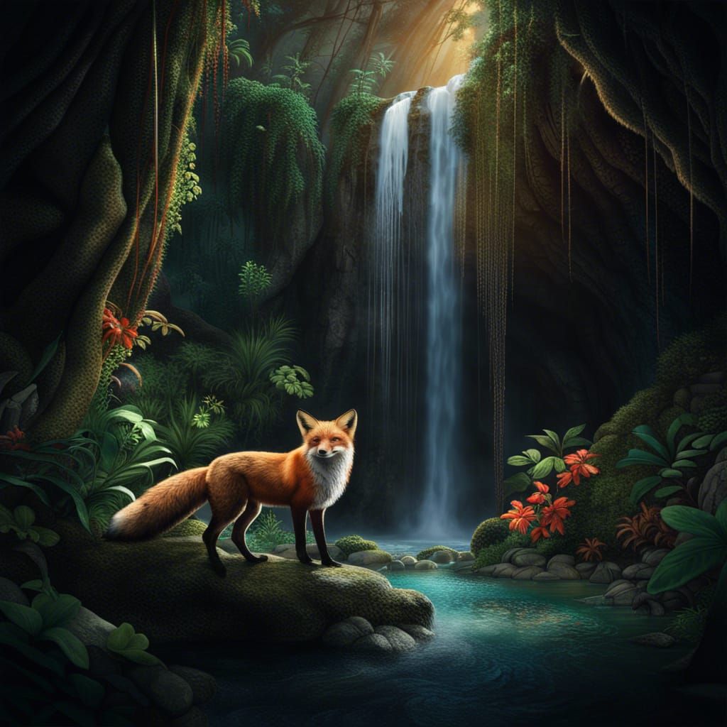 Lush Cave Waterfall with Fox in Photorealistic Style
