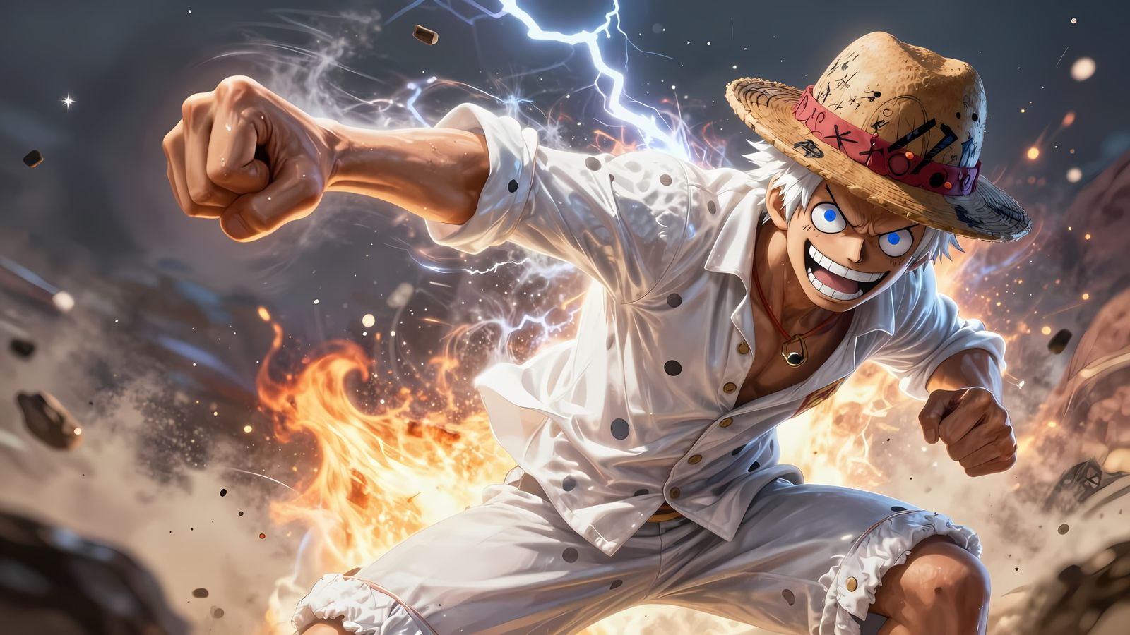 Monkey D. Luffy Gear 5 in Dynamic Combat Pose