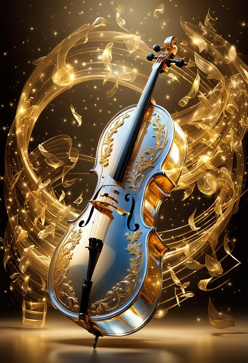 A resplendent cello, transparent, glowing, illuminescent, diaphanous, crafted from pristine glass and adorned with gold,...