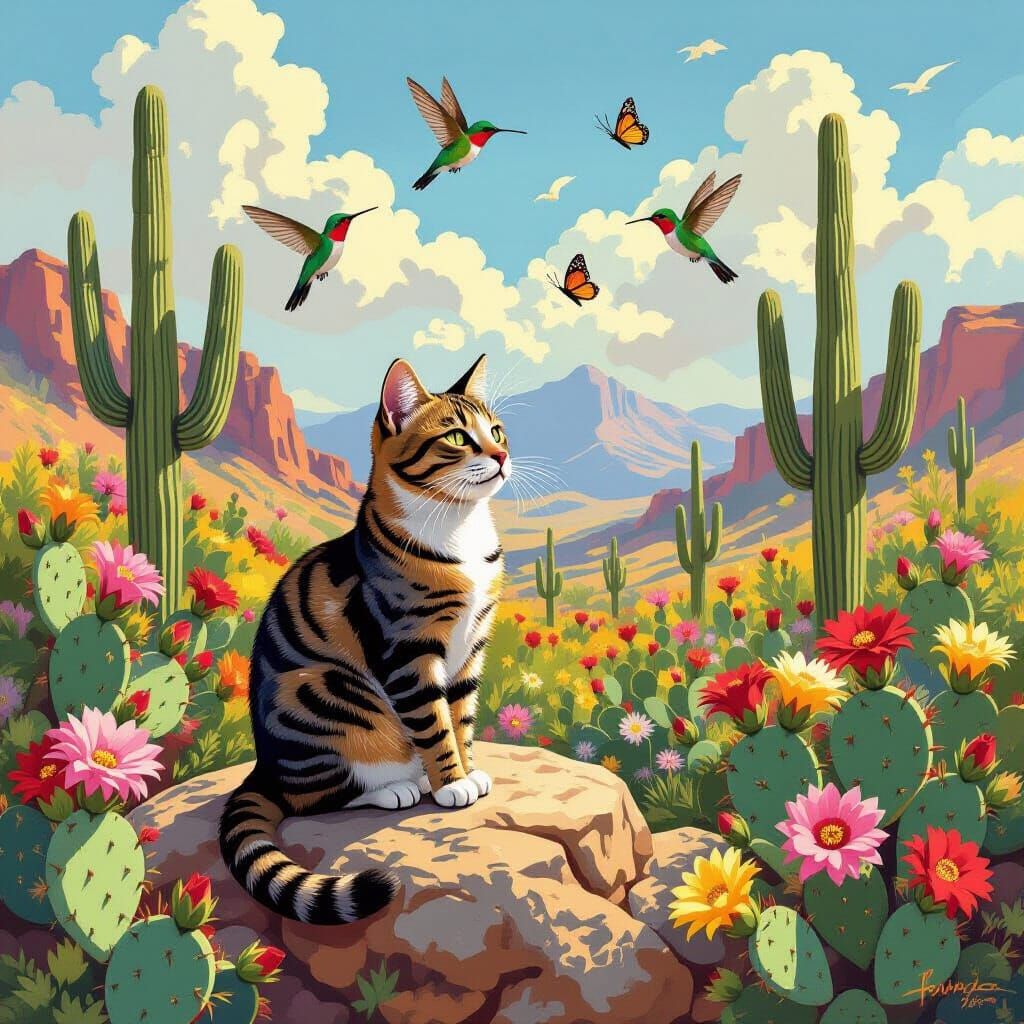 Cat in Cactus Garden: Painterly Desert Bloom