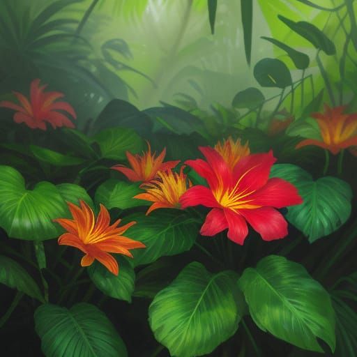 Exotic Tropical Jungle in Vibrant Impressionist Style