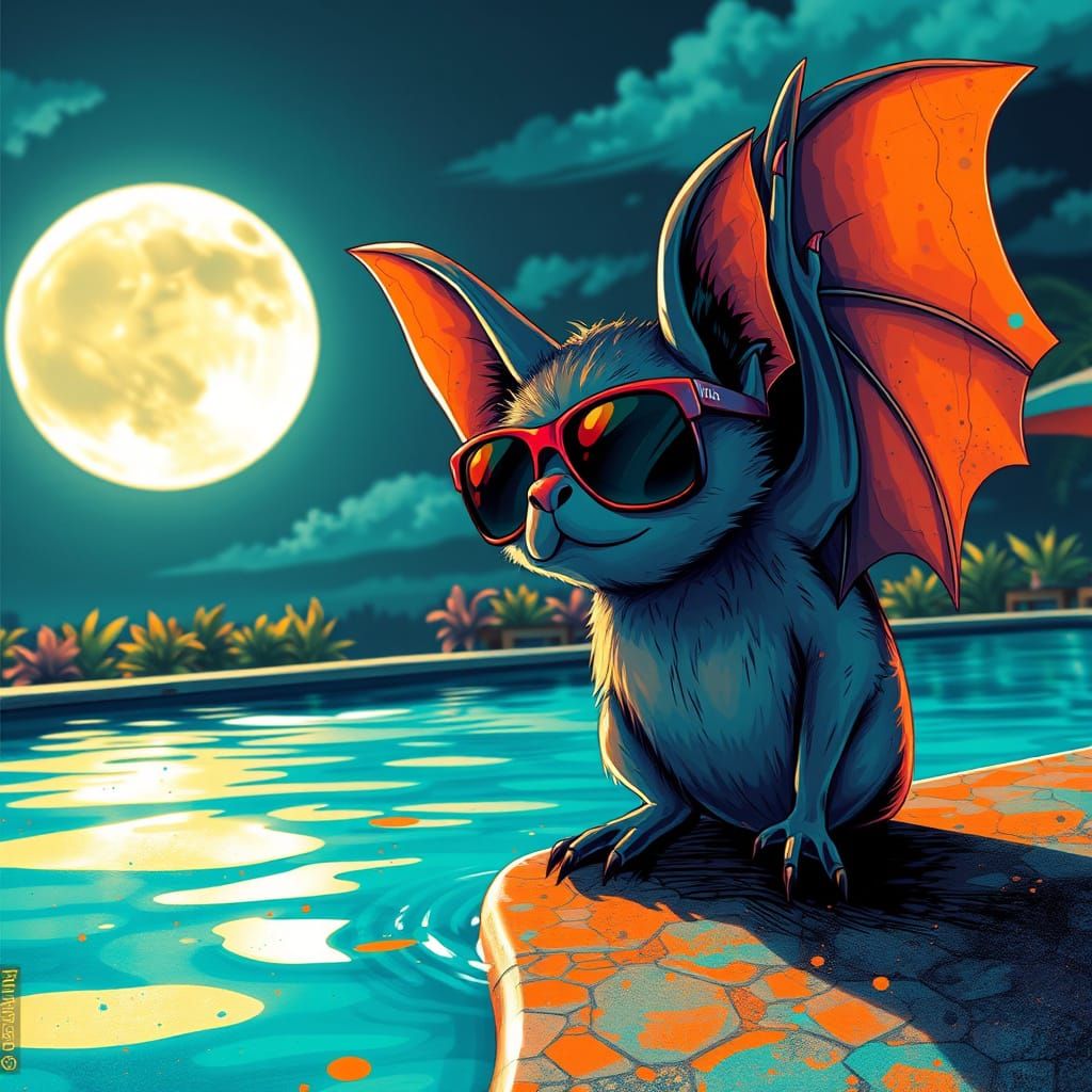 Cute Bat Lounging in Alcohol Ink Splatter Style