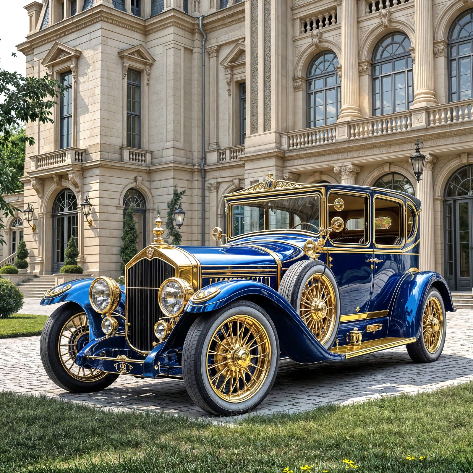 Royal Blue and Gold Car Before Grand Mansion