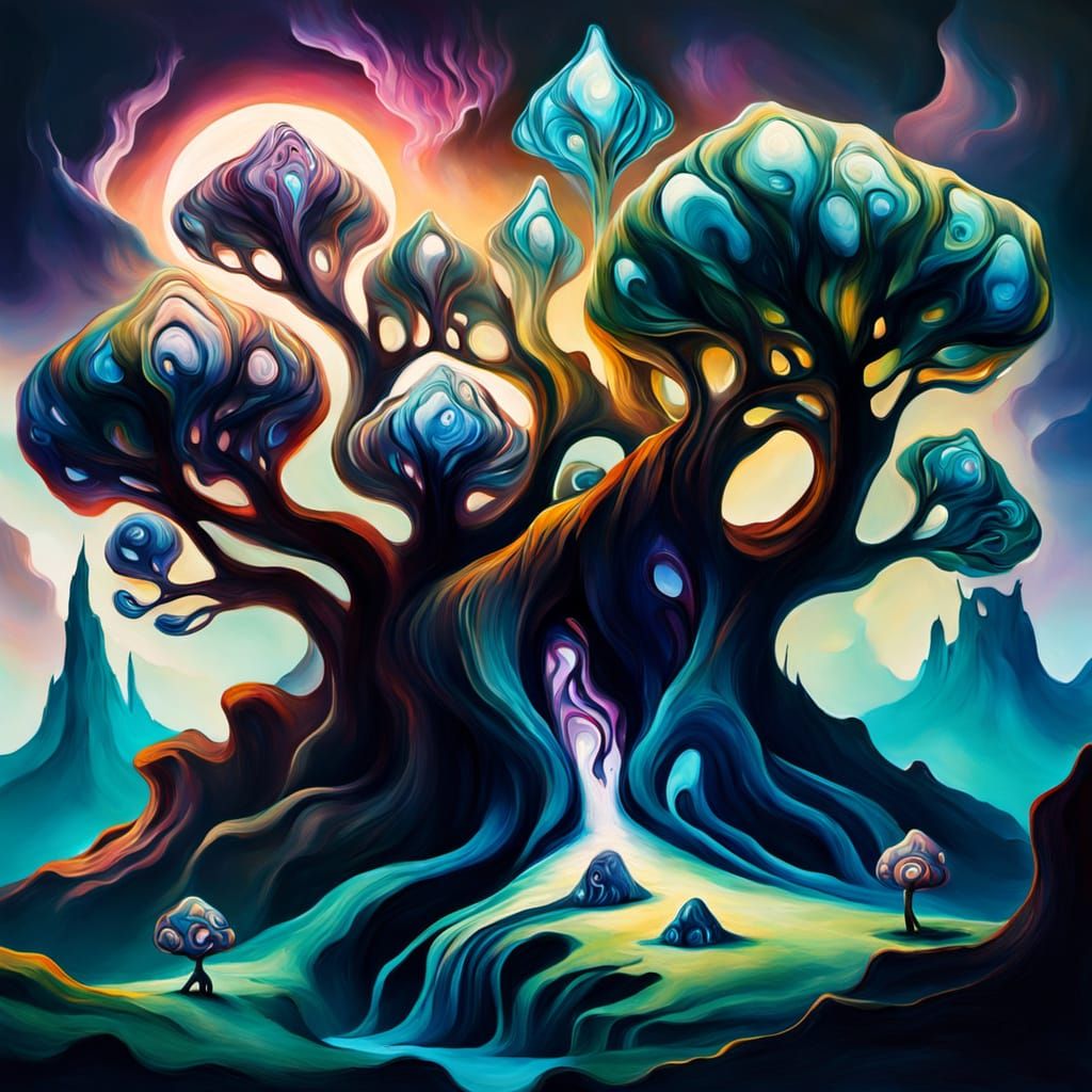 Surreal Merging of Forms in Vibrant Oil Painting