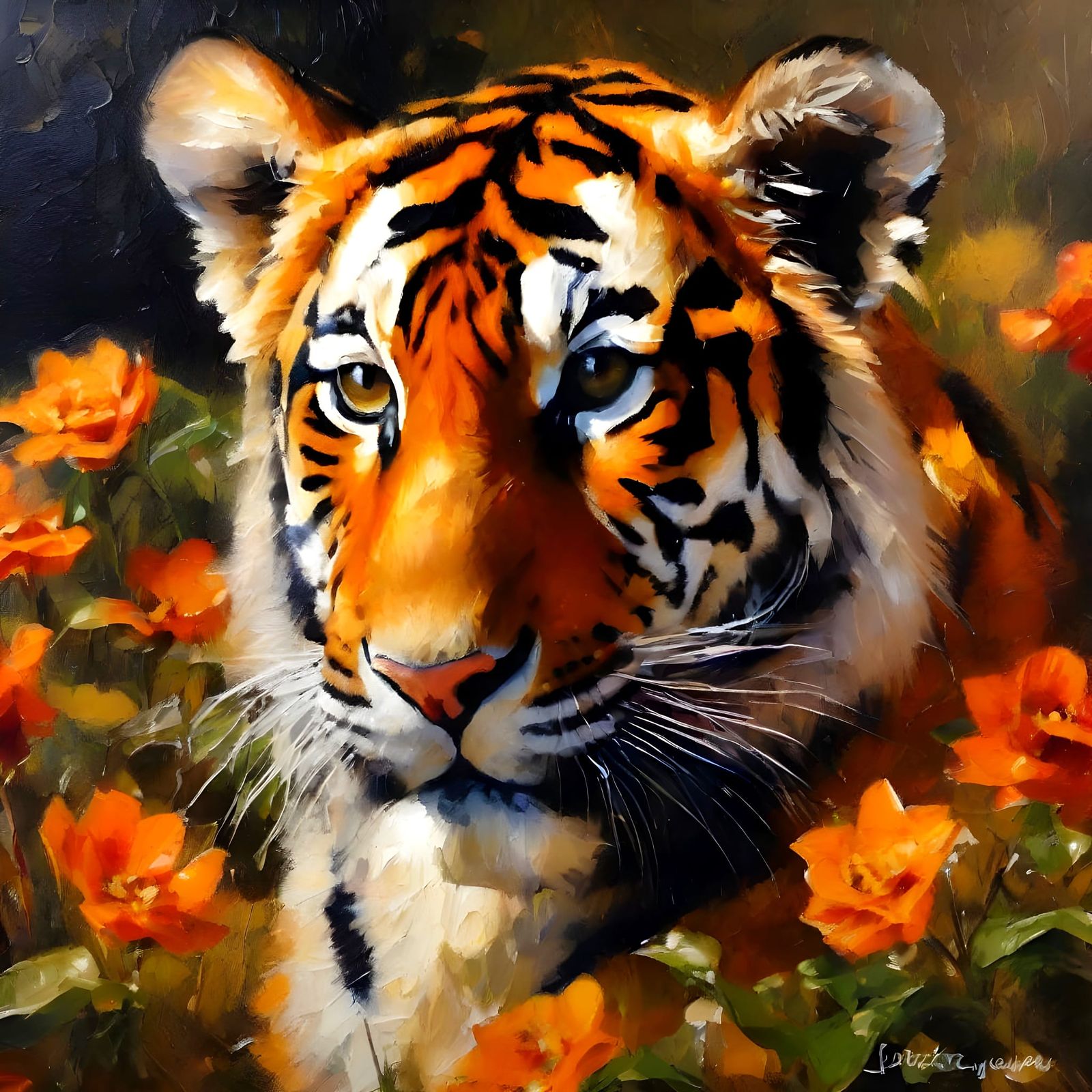 Tiger Cub Asleep: Grungy Impasto Oil Painting