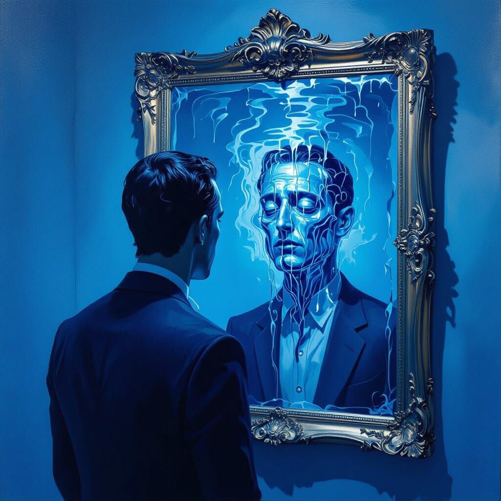 Man Melting Into Mirror in Surreal Blue Dreamscape