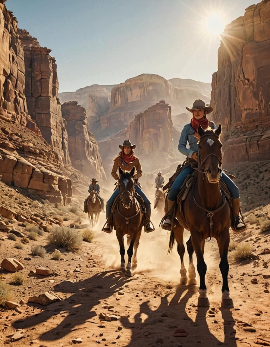 Cowboys and Cowgirls Ride Through Desert Canyon